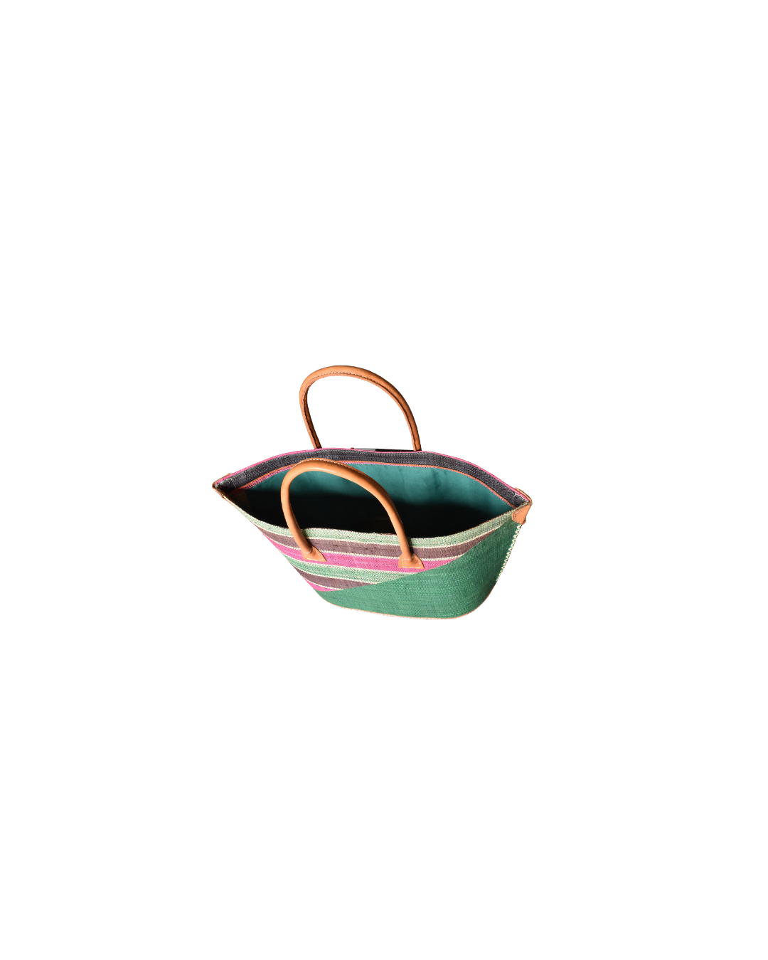 Handmade Raffia Beach Bag - Green/Plum & Pink Stripes (Beach Bliss 013)