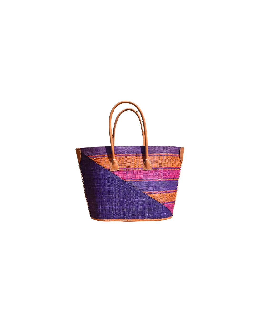 Back View - Handmade raffia handbag from Madagascar featuring teal blue base with purple, orange, and pink striped design, finished with leather handles and reinforced corners.