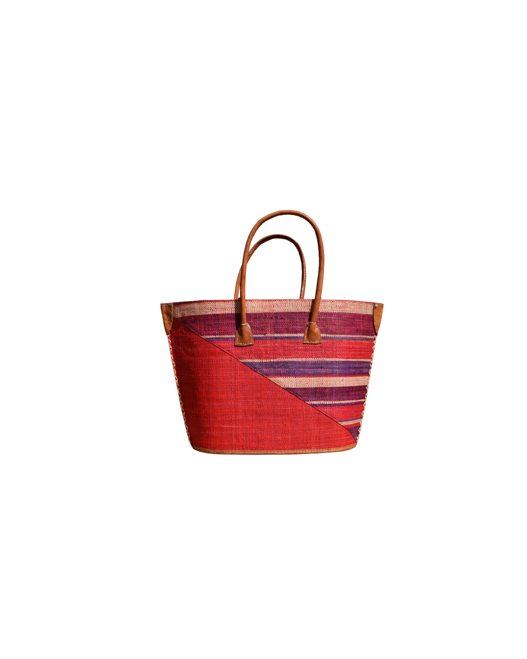 Back view of handmade raffia beach bag in red, plum and pink stripes with reinforced corners.