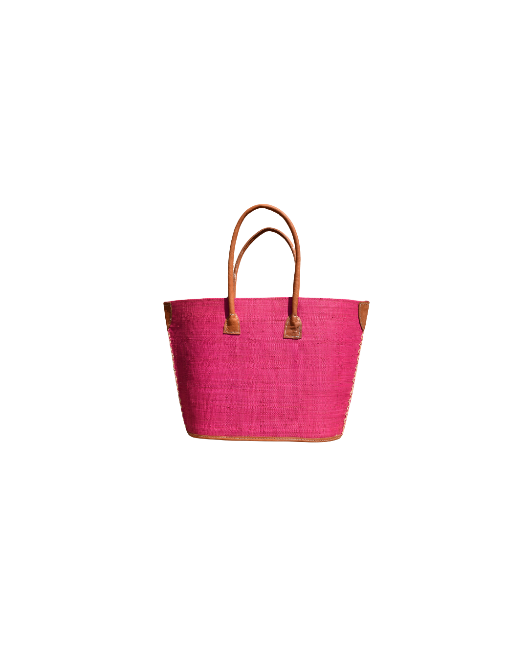 Fushia Pink tote bag with brown leather handles on a white background