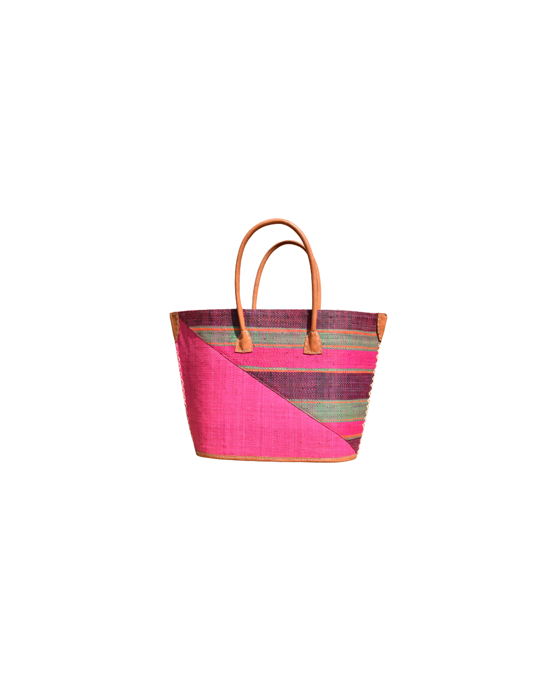 Handmade Raffia Beach Bag - Pink/Plum & Green Stripes (Beach Bliss 007)
