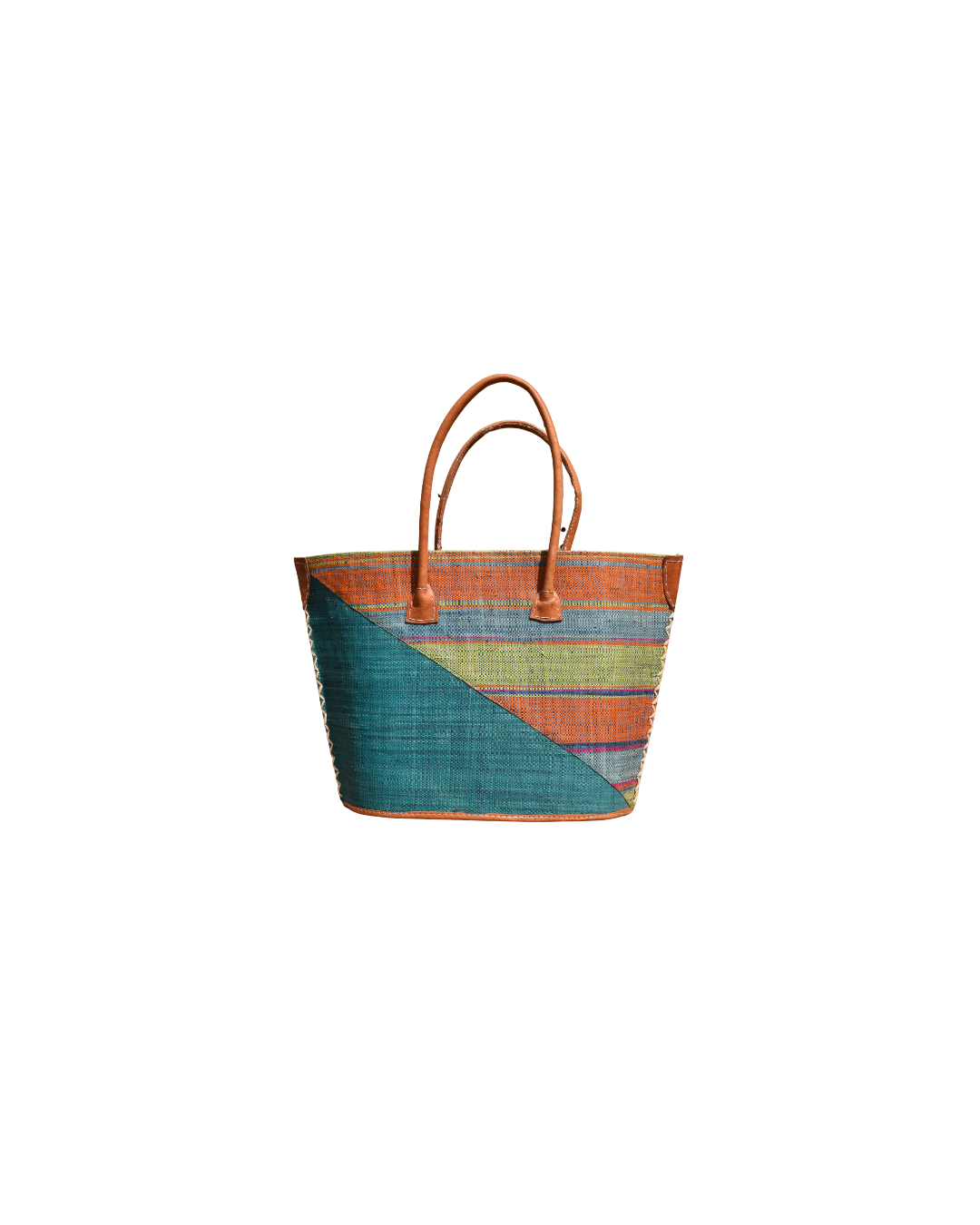 Handmade Raffia Beach Bag - Green/Orange Stripes (Beach Bliss 008)