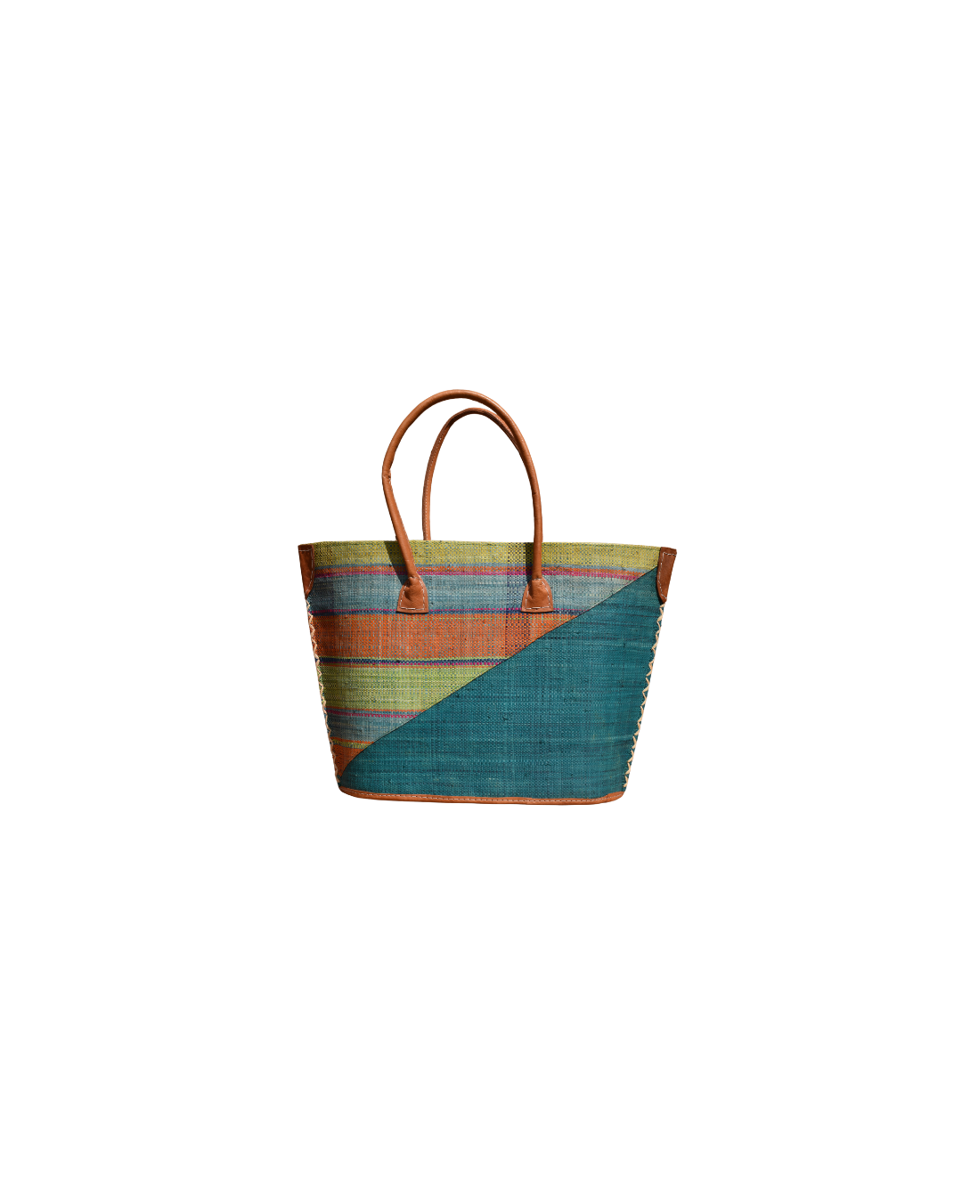 “Handmade raffia handbag from Madagascar featuring teal blue base with green, orange, and multicolor striped design, finished with leather handles and reinforced corners.”