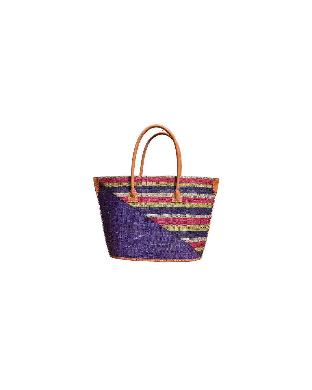 Handmade Raffia Beach Bag - Purple/Red & Green Stripes (Beach Bliss 009)