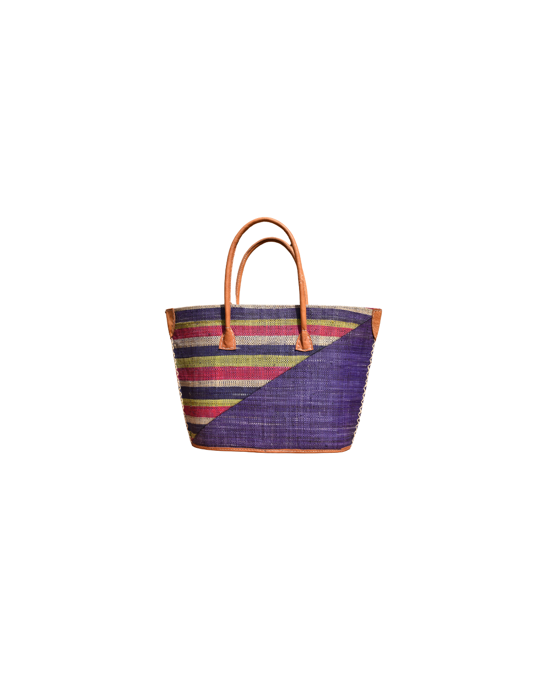 “Handmade raffia handbag from Madagascar featuring deep violet base with red, green, and natural horizontal stripes, finished with leather handles and reinforced corners.”