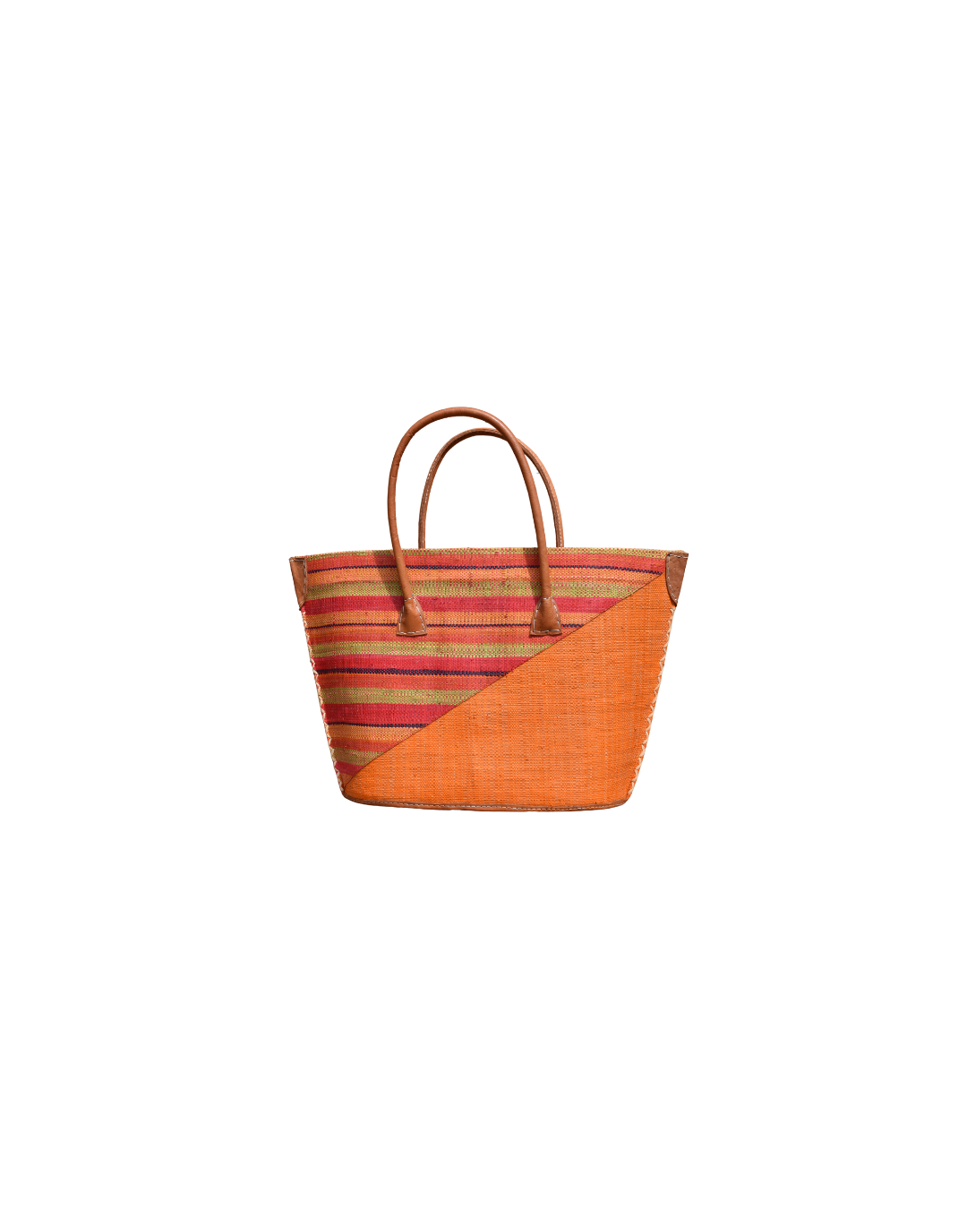 Handmade Raffia Beach Bag - Orange/Red & Green Stripes (Beach Bliss 010)