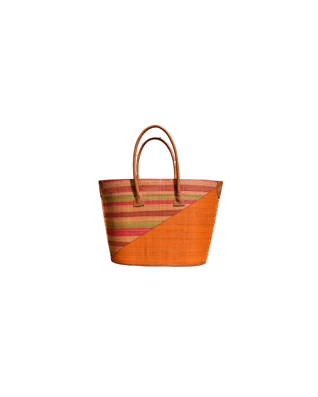 “Handmade raffia handbag from Madagascar featuring amber-orange base with red, pink, and green striped design, finished with leather handles and reinforced corners.”