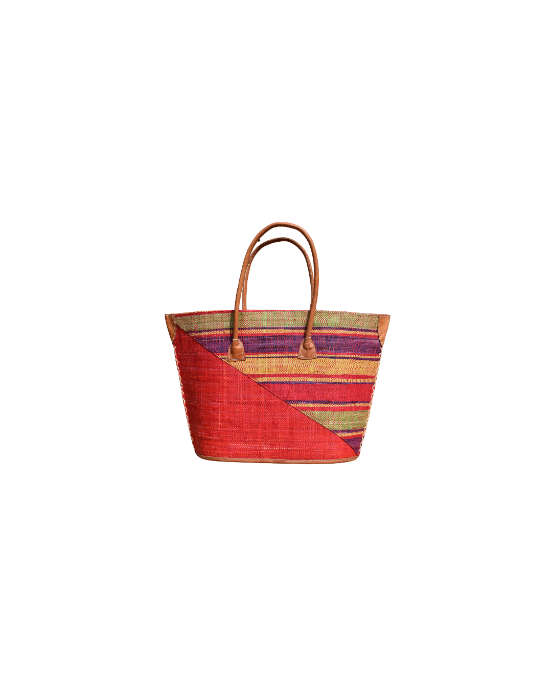 Handmade Raffia Beach Bag - Red/Plum & Yellow Stripes (Beach Bliss 012)
