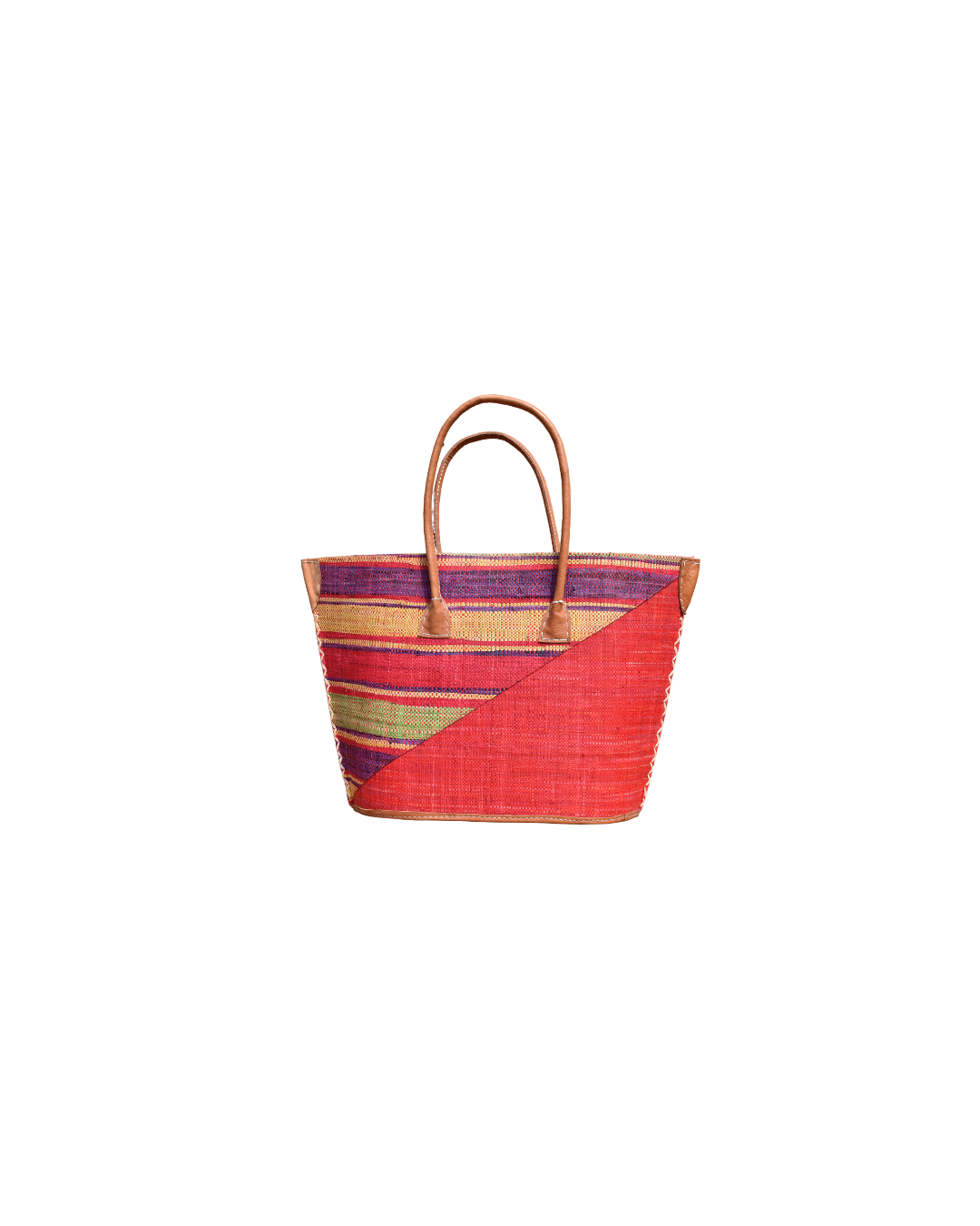 “Handmade raffia handbag from Madagascar featuring crimson red base with multicolored plum, yellow, and green stripes, finished with leather handles and reinforced corners.”