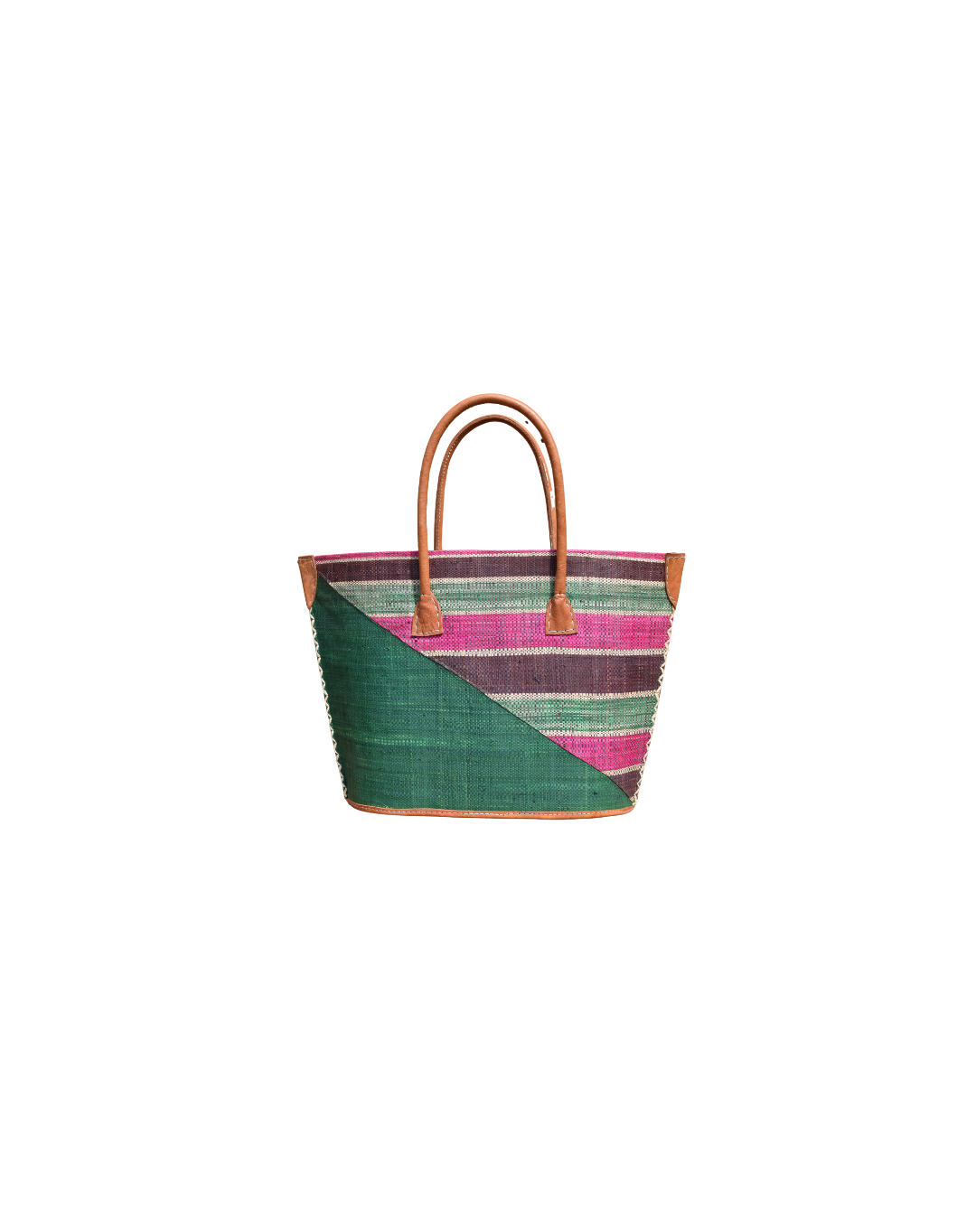 Handmade Raffia Beach Bag - Green/Plum & Pink Stripes (Beach Bliss 013)