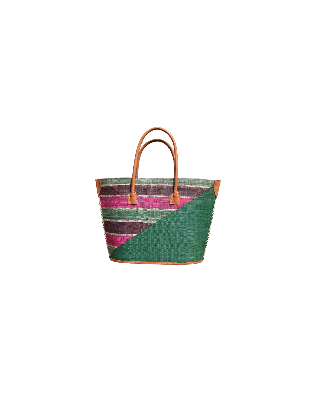 “Handmade raffia handbag from Madagascar featuring a deep green base with pink, plum, and natural striped design, finished with leather handles and reinforced corners.”