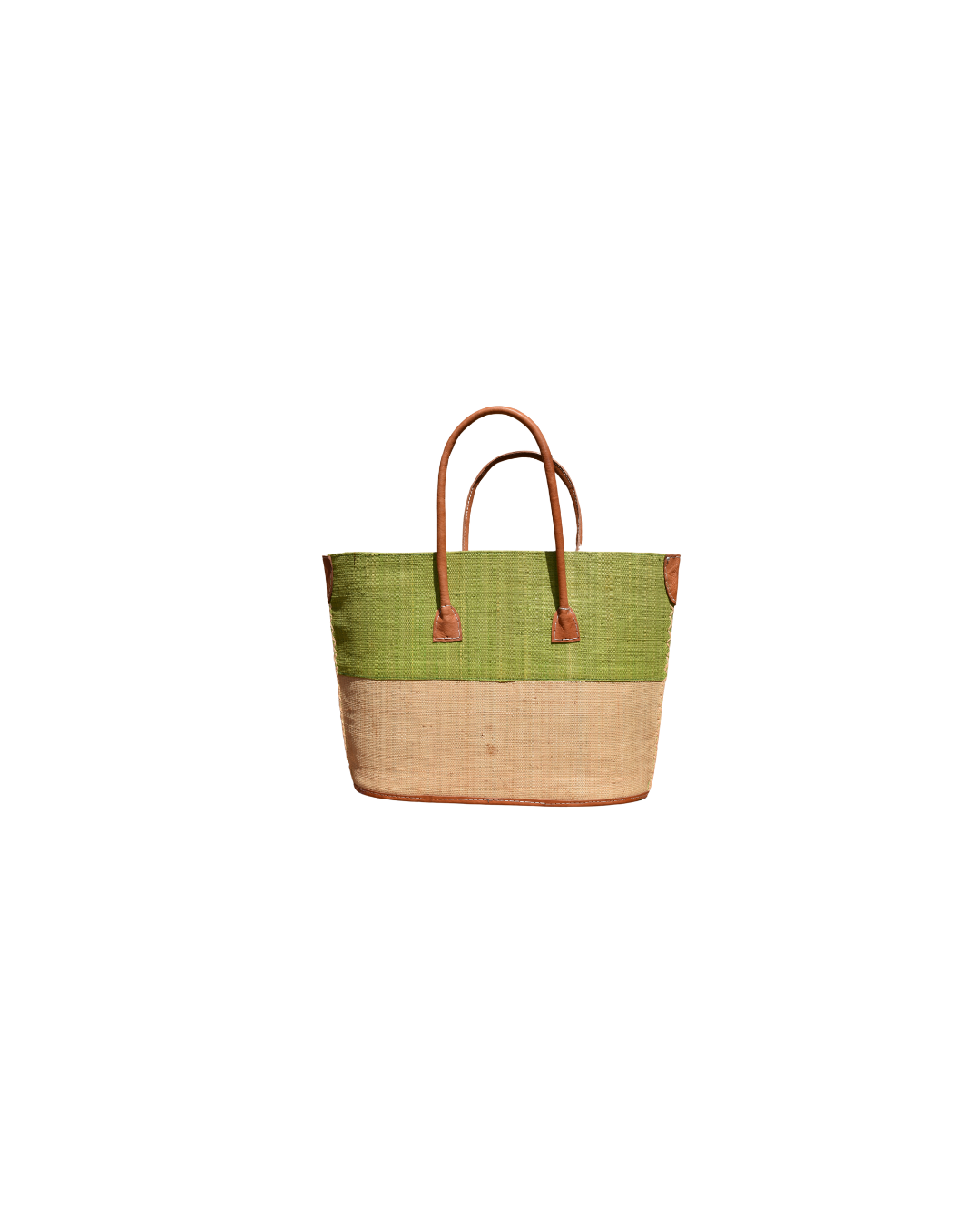 Back View:
“Handmade medium raffia handbag from Madagascar featuring a two-tone green and natural beige design, finished with leather handles and reinforced corners.”