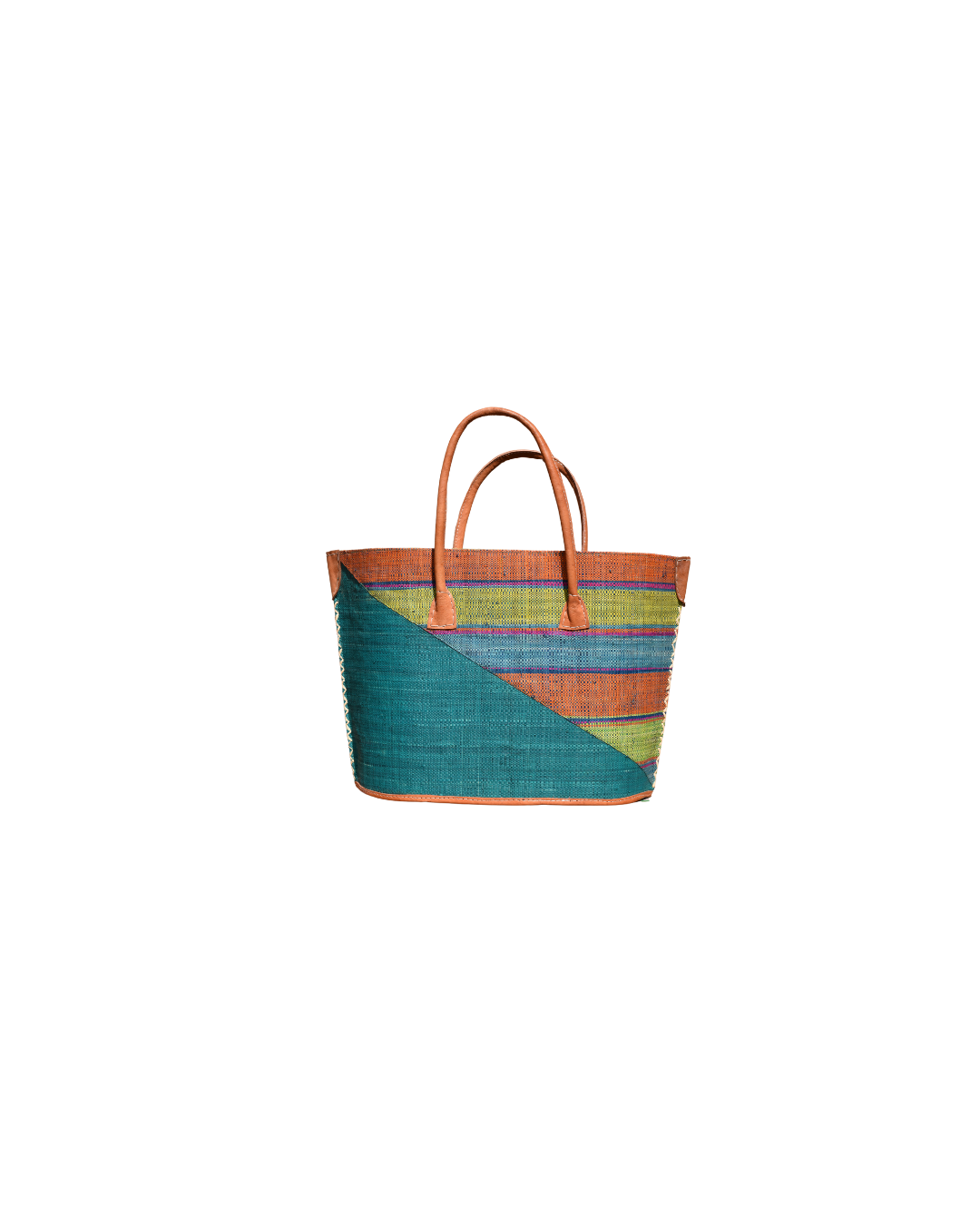 Back View:
“Handmade medium raffia handbag from Madagascar with a teal diagonal base and vibrant horizontal stripes in orange, green, and blue, finished with leather handles and reinforced corners.”