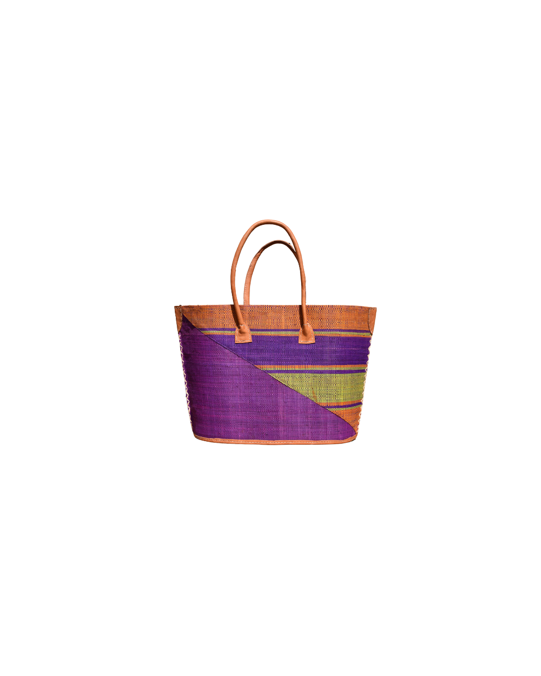Back View:
“Handmade medium raffia handbag from Madagascar featuring a bold purple diagonal base with multicolored stripes in orange, plum, and green, complete with leather handles and reinforced corners.”