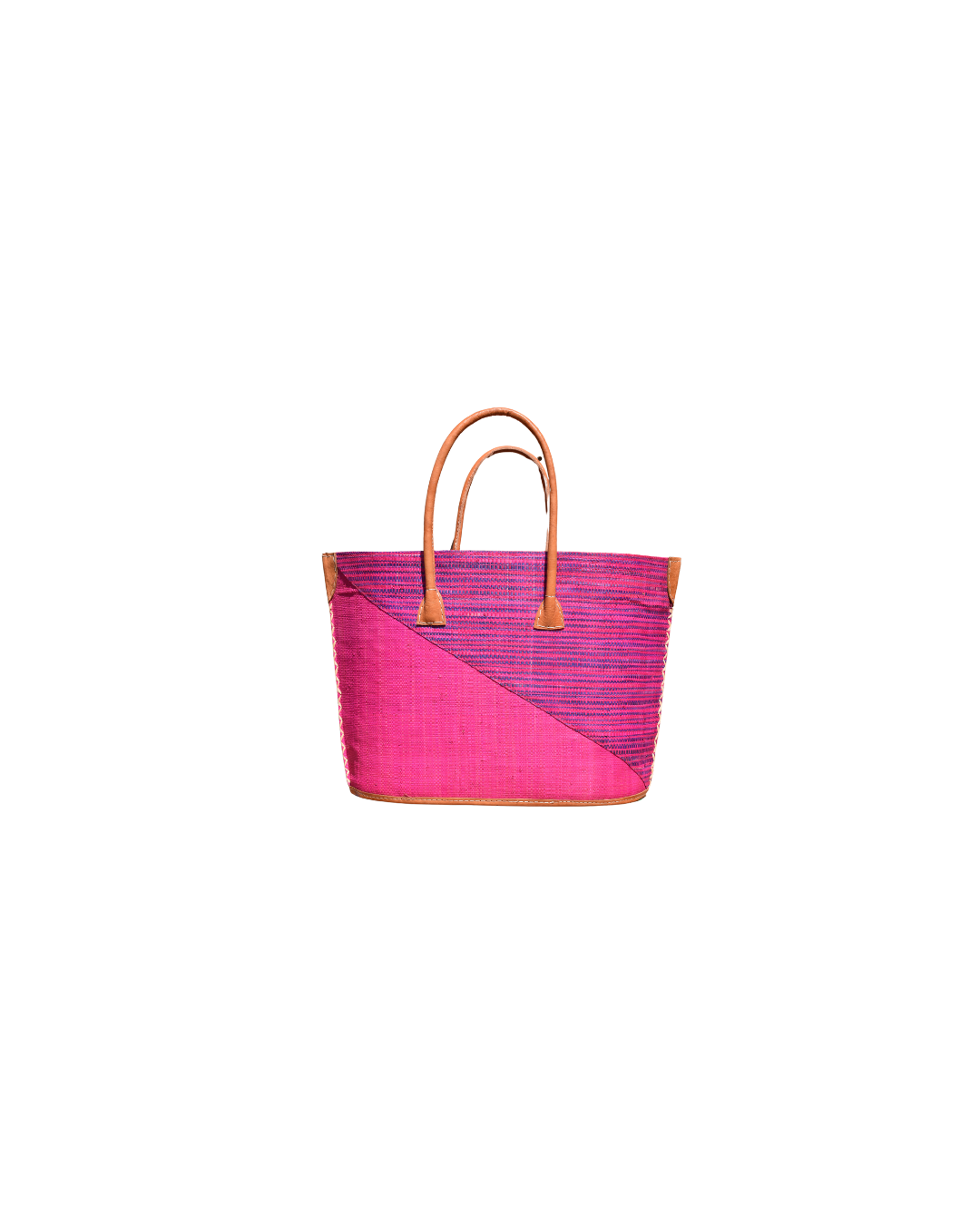 Back View:
“Handmade medium raffia handbag from Madagascar with a bold pink diagonal base and upper section in purple and pink stripes, complete with leather handles and reinforced corners.”
