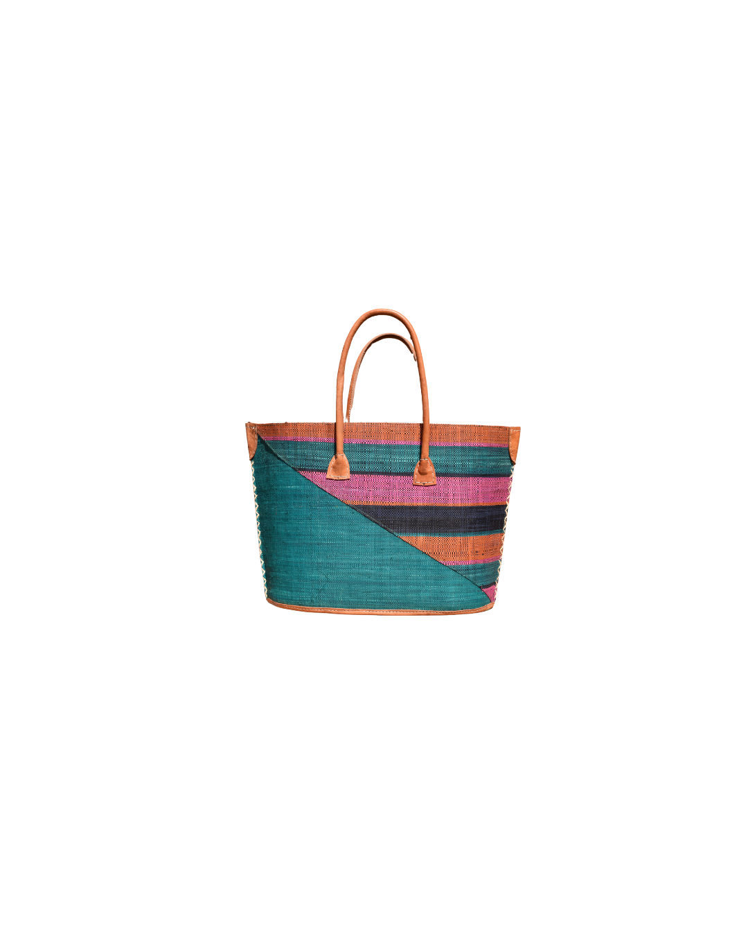 “Handmade medium raffia handbag showing back view with teal diagonal base and multicolored stripes in pink, orange, and black, finished with leather handles.”
