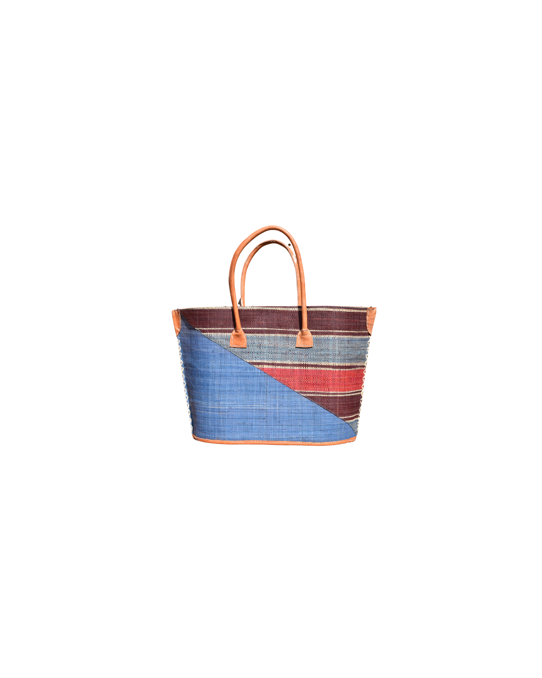 Medium raffia handbag in blue, red, and beige diagonal stripe pattern with leather handles – Beach Bliss 110 back view.
