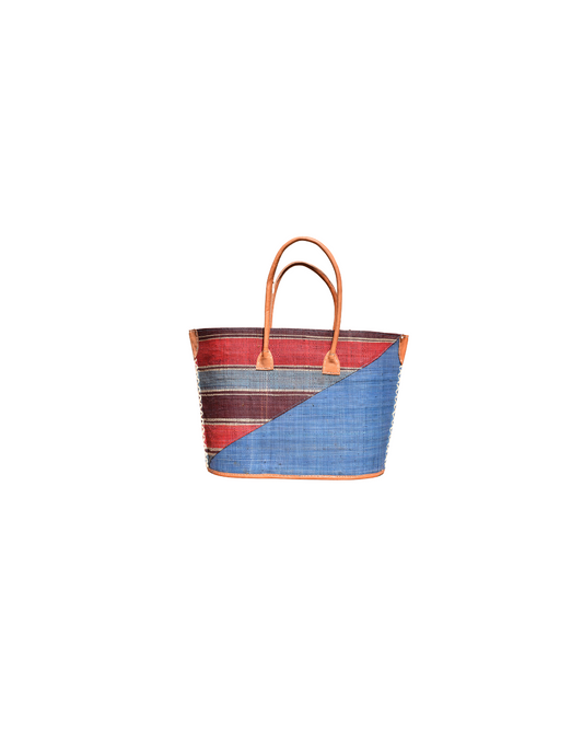 Handmade raffia handbag in red, blue, and beige diagonal stripe design with leather handles – Beach Bliss 110 front view.