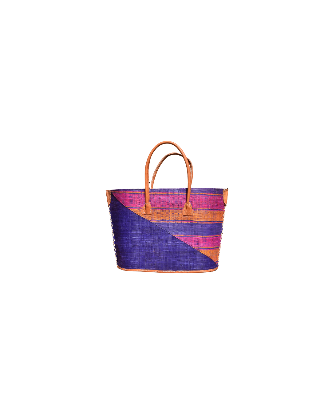 Handwoven raffia handbag with purple, pink, and orange striped pattern and leather handles – Beach Bliss 111 back view.