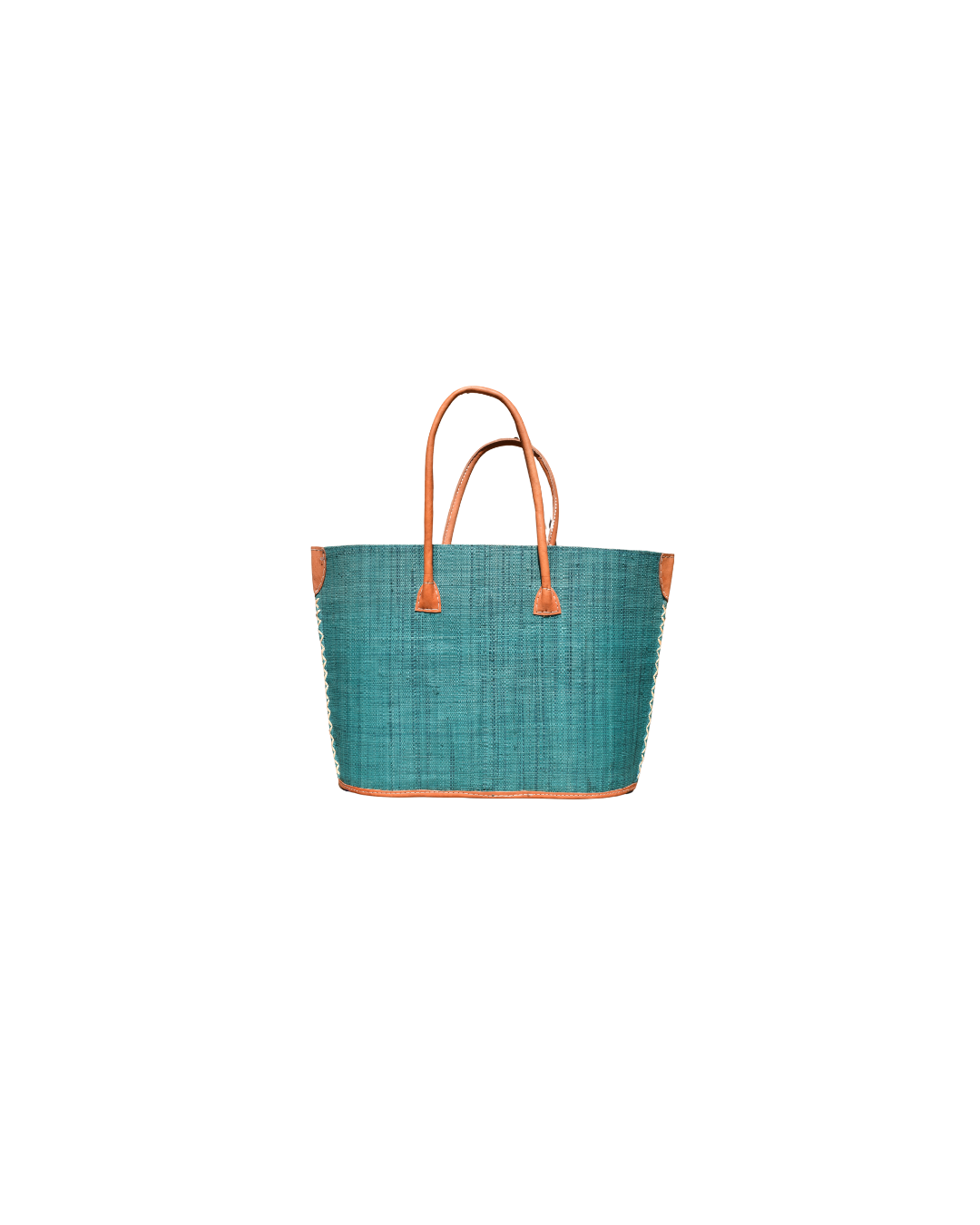 Back view: "Medium raffia handbag from the Beach Bliss 112 collection, showcasing a solid teal raffia design with leather handles."