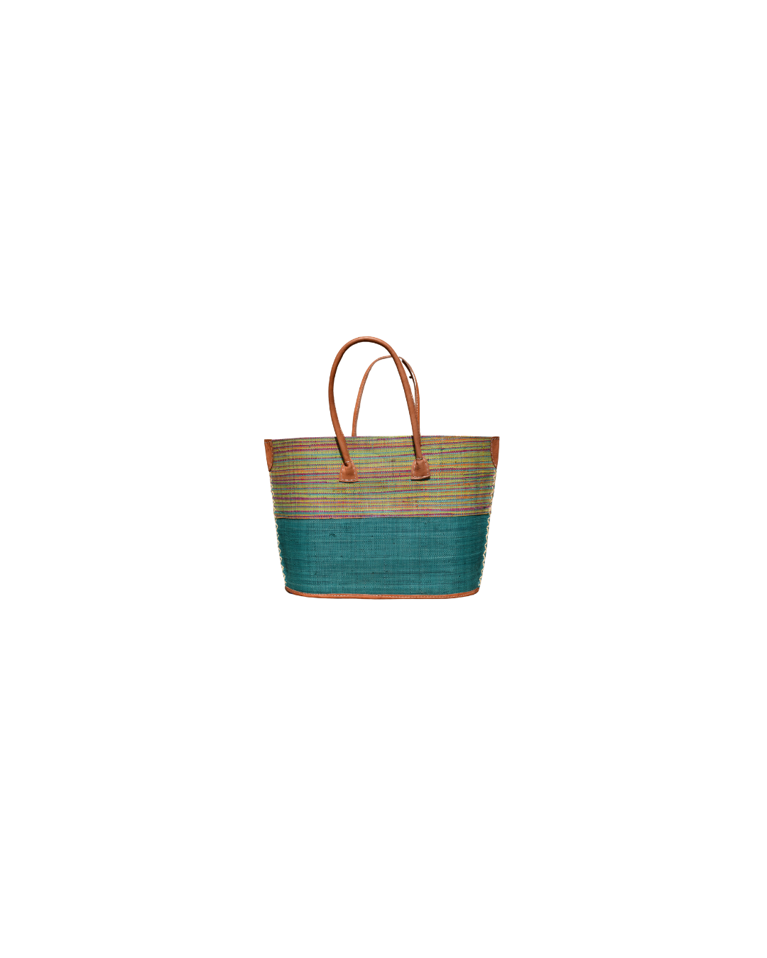 Front view: "Medium raffia handbag from the Beach Bliss 112 collection, featuring horizontal green and multi-color stripes on the upper half and solid teal raffia on the lower half, with leather handles."