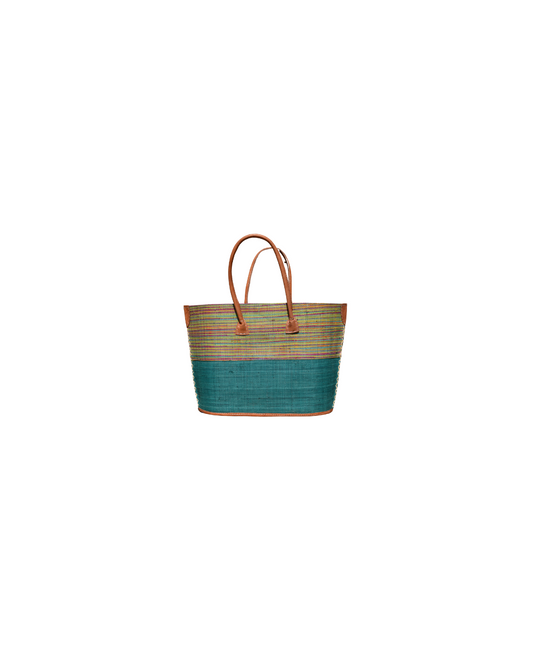 Front view: "Medium raffia handbag from the Beach Bliss 112 collection, featuring horizontal green and multi-color stripes on the upper half and solid teal raffia on the lower half, with leather handles."