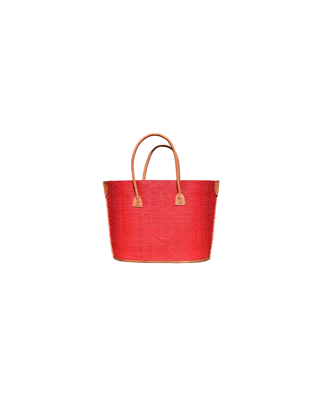 “Medium handmade raffia handbag in solid red raffia weave with leather handles and reinforced corners.”