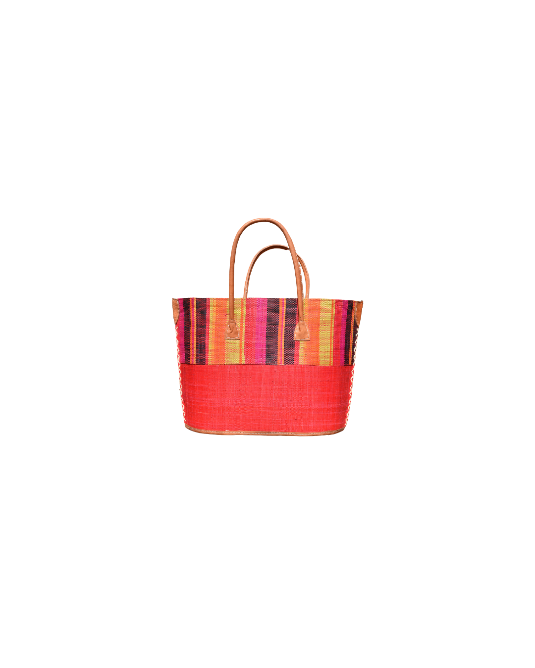 “Medium handmade raffia handbag with multicolor vertical stripes in red, orange, yellow, pink, and black, paired with a solid red lower panel and leather handles.”