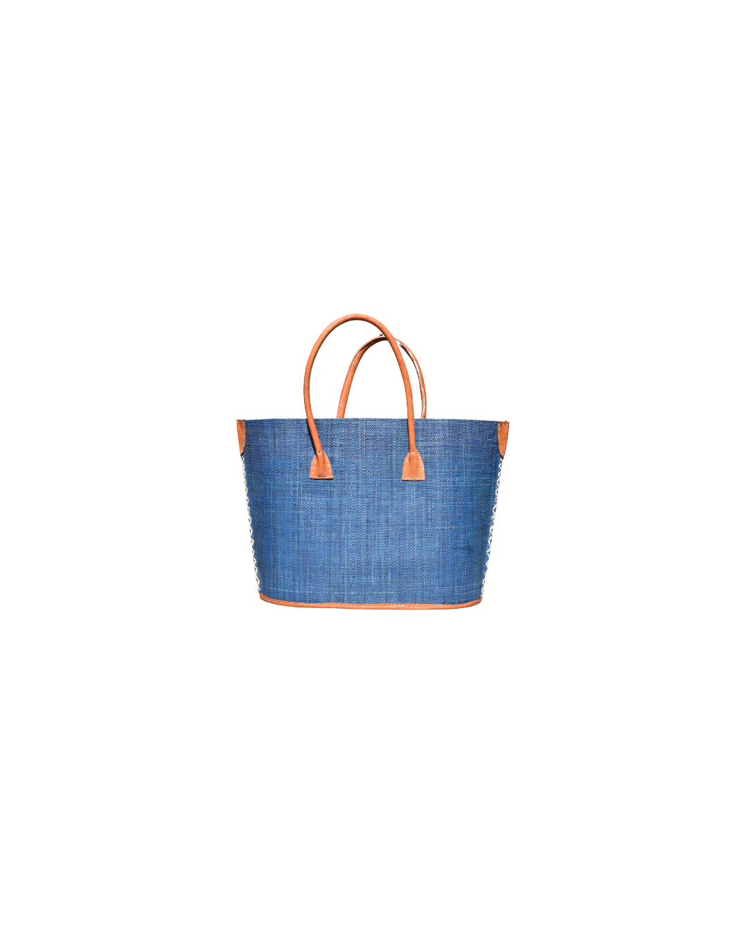 Medium raffia handbag in solid blue with genuine leather handles and reinforced corners – Beach Bliss 114.
