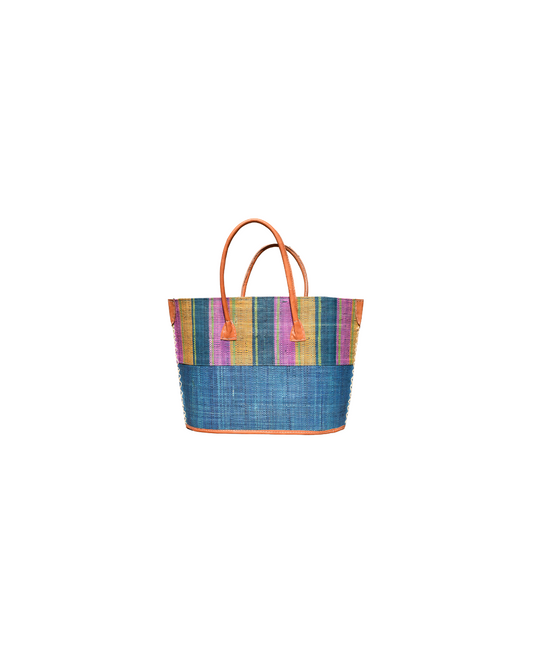 Medium raffia handbag with multicolored vertical stripes in purple, yellow, pink, and green, paired with a solid blue base and leather handles – Beach Bliss 114.