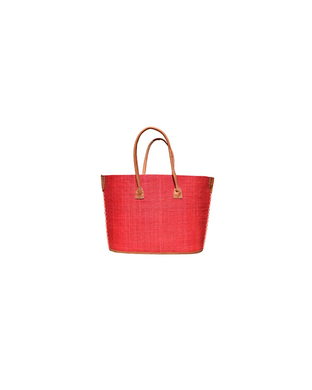 "Medium raffia handbag in solid deep red with leather handles – Beach Bliss 115 back."