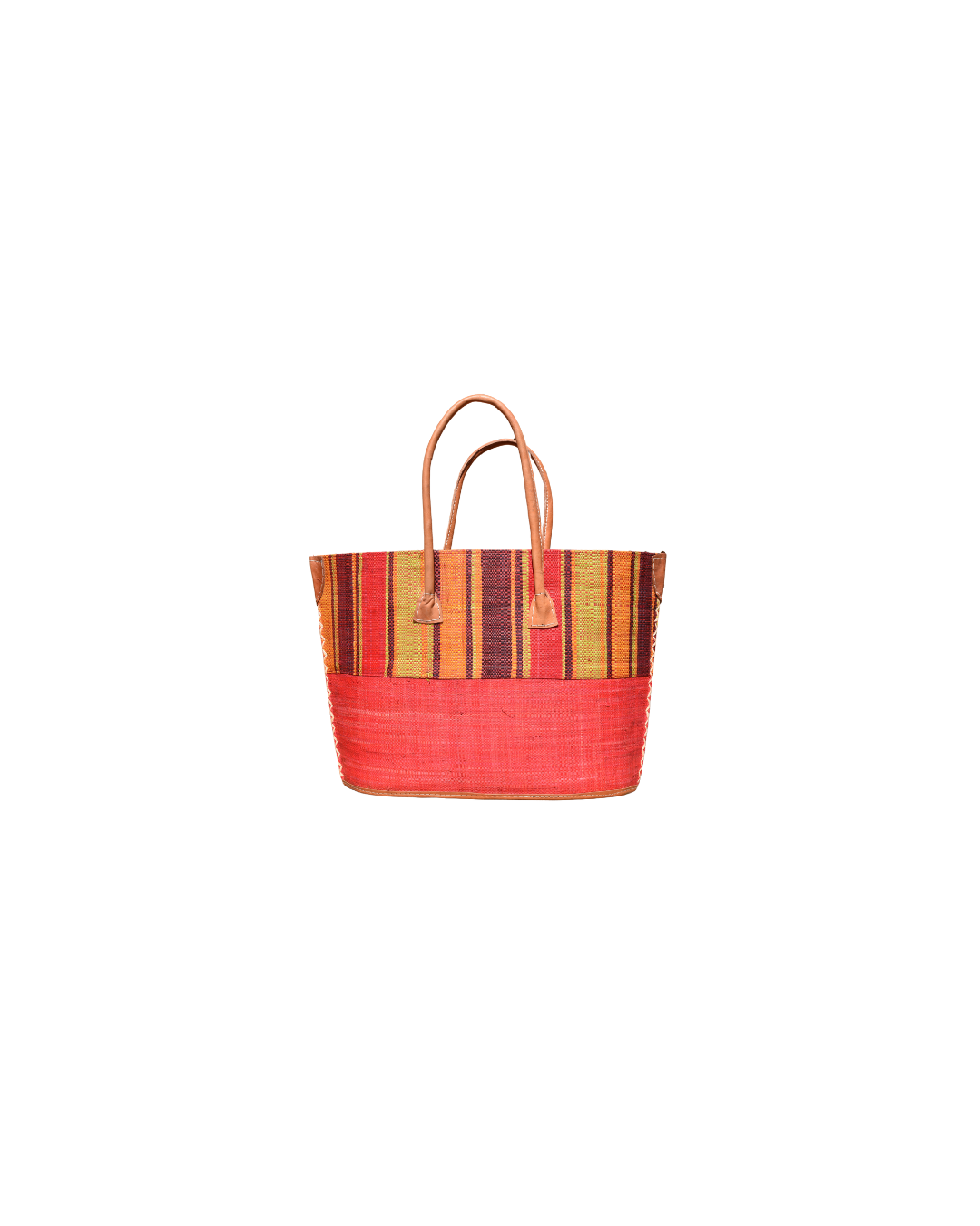 "Medium raffia handbag with red base and bold vertical stripes in red, yellow, and black, finished with leather handles – Beach Bliss 115 front."
