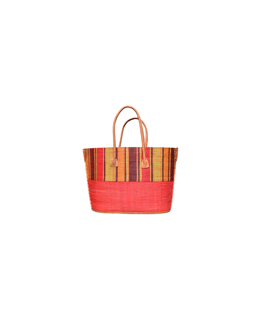 "Medium raffia handbag with red base and bold vertical stripes in red, yellow, and black, finished with leather handles – Beach Bliss 115 front."