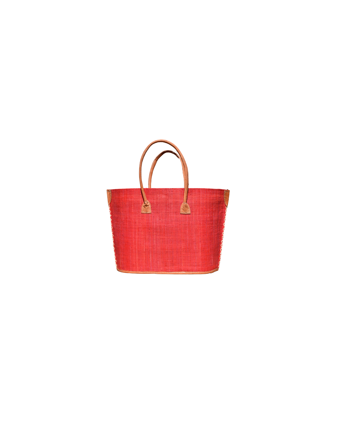 Back view: “Medium raffia handbag with solid red finish and leather handles, handmade in Madagascar.”