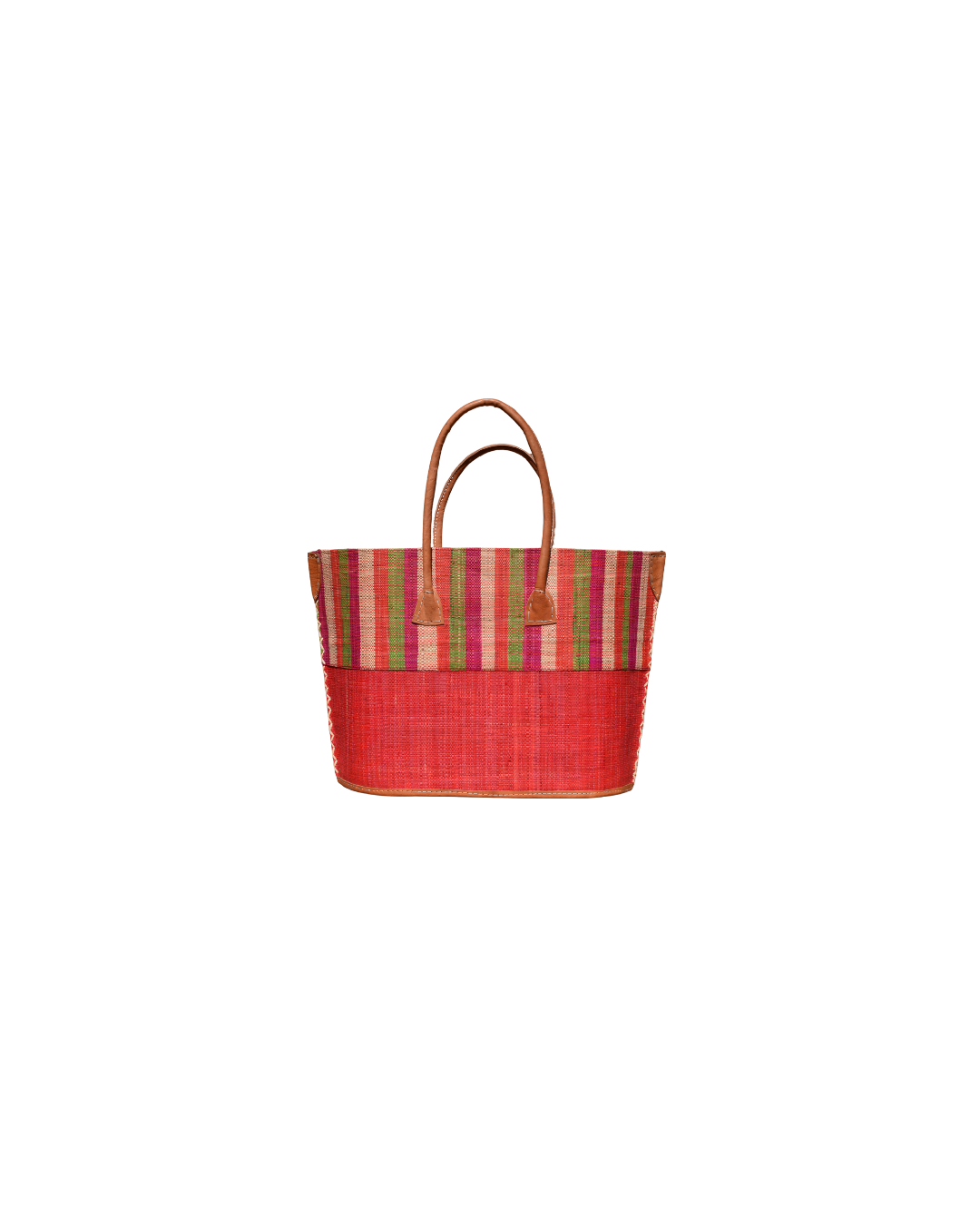 Front view: “Medium raffia handbag with red base and multicolor vertical stripes in green, pink, and red, handmade in Madagascar with leather handles.”
