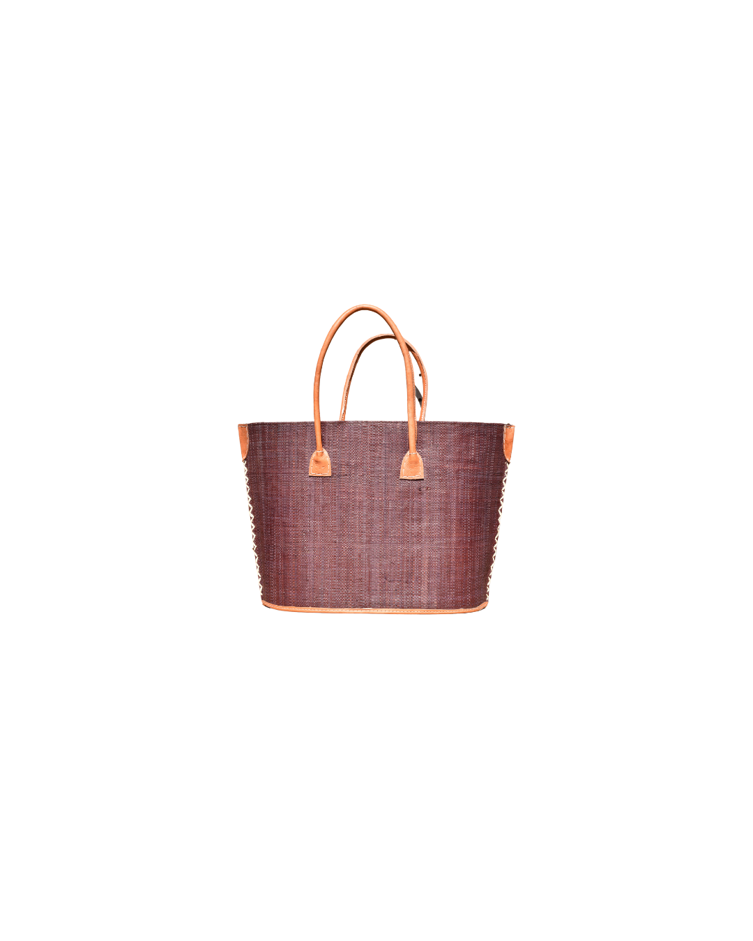 "Medium raffia handbag in solid brown design with leather handles and reinforced corners."