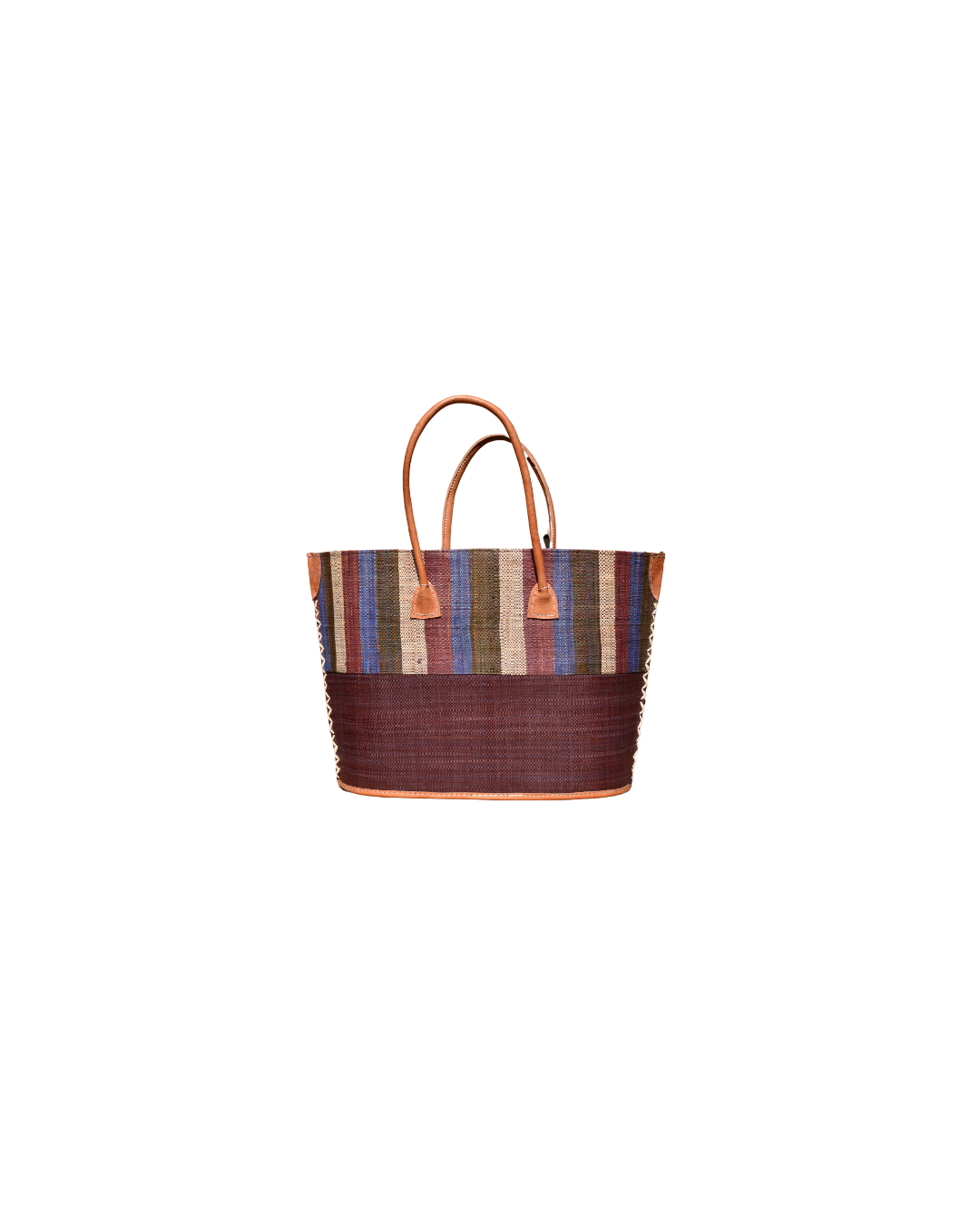 "Medium raffia handbag with multicolor vertical stripes in blue, beige, and plum on top and a solid brown base, featuring leather handles and corners."