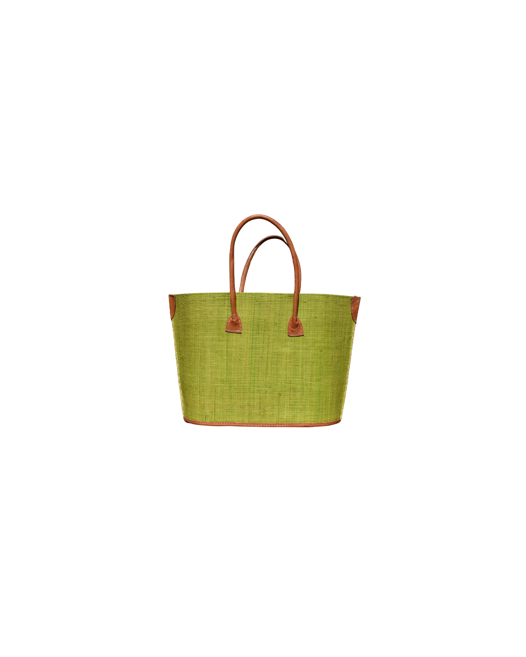 "Beach Bliss 118 medium raffia handbag in solid lime green design, handmade in Madagascar with leather handles."