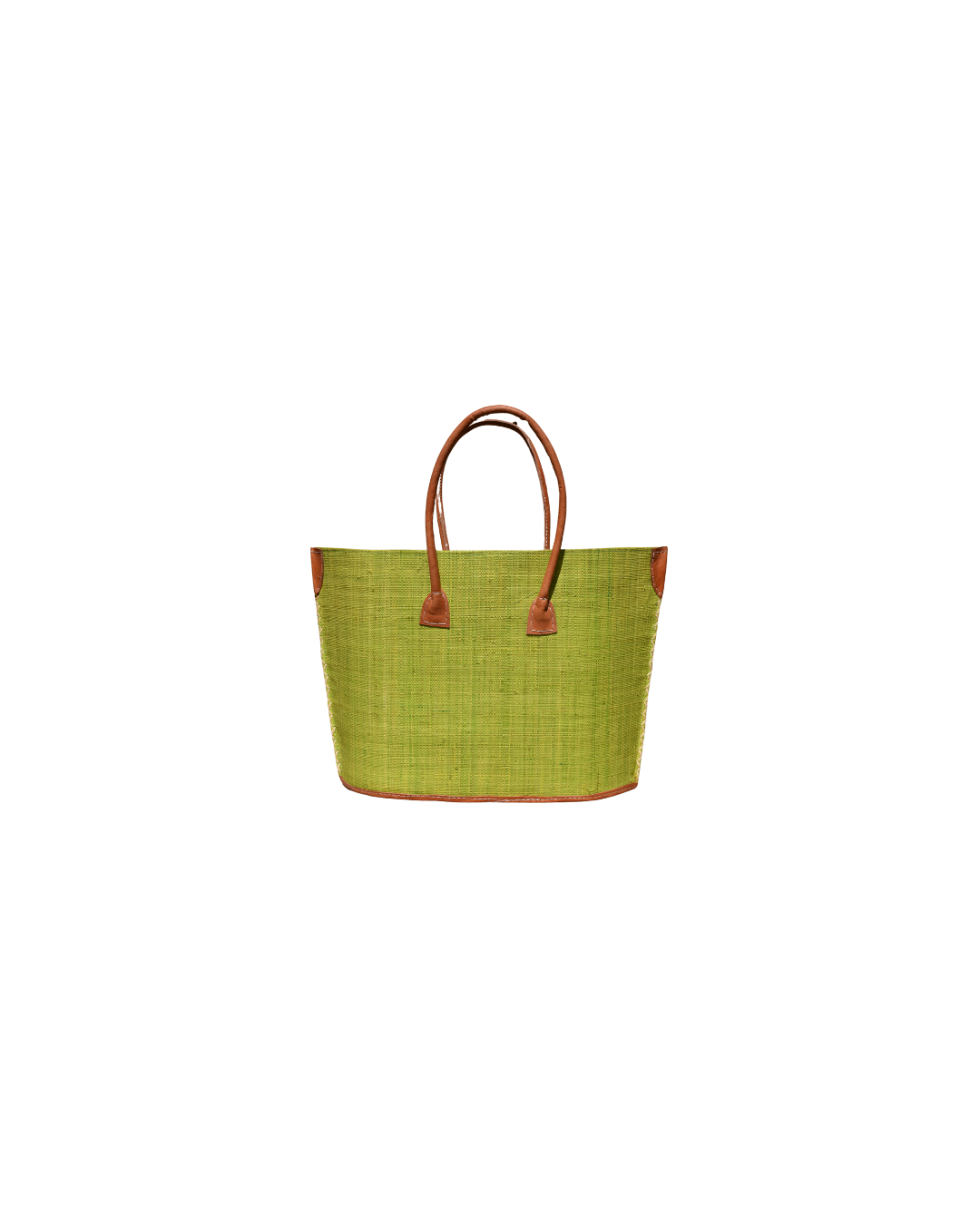 “Back view of Beach Bliss 119 medium raffia handbag in solid green with leather handles – sustainable handmade Madagascar tote.”