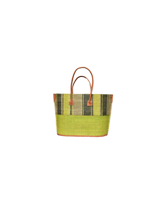 “Beach Bliss 119 medium raffia handbag with green, black, and pink vertical stripes and solid green base, genuine leather handles – handmade in Madagascar.”