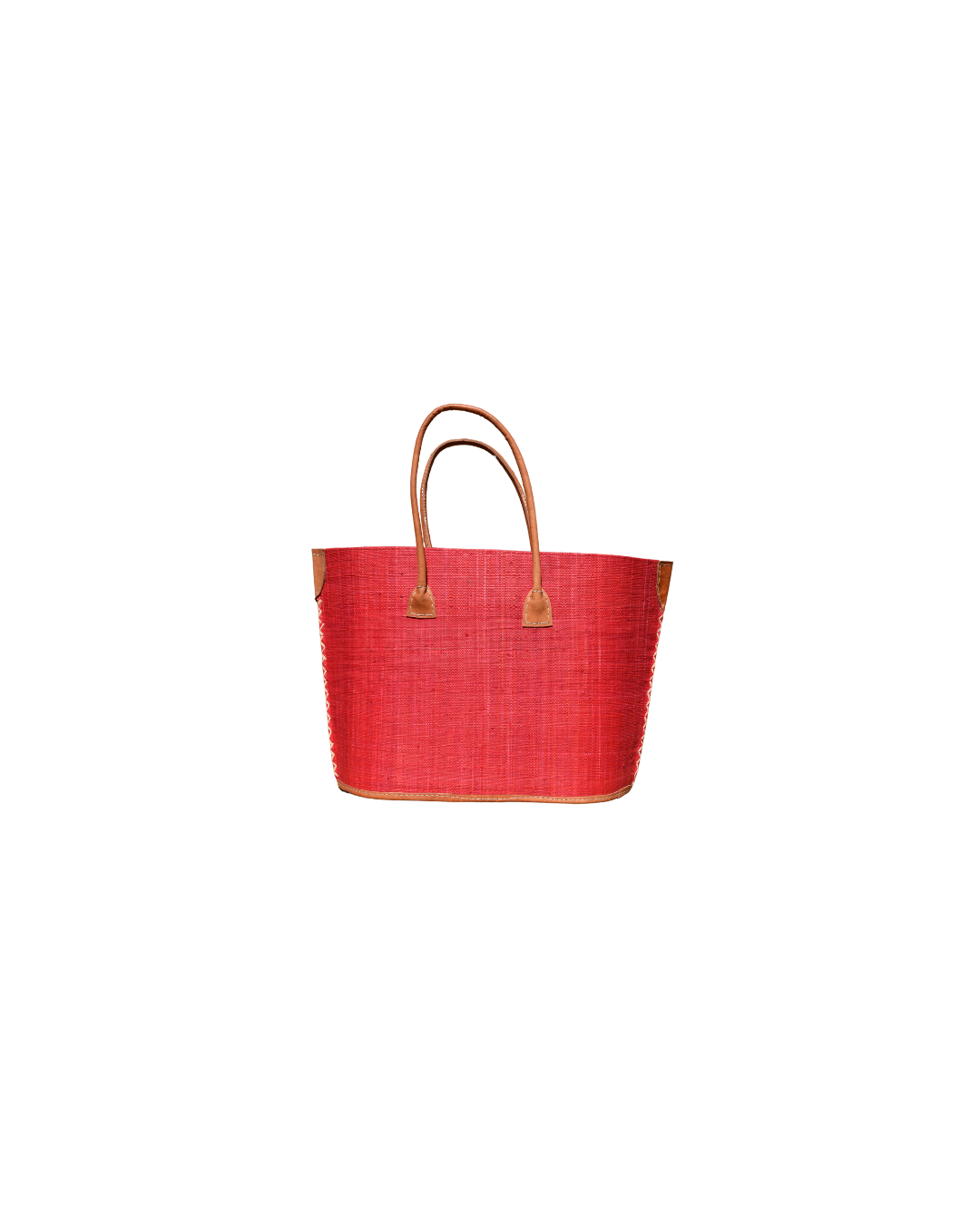 Back View: Medium Beach Bliss 120 raffia handbag in a solid red design, crafted with genuine leather handles and reinforced leather corners.