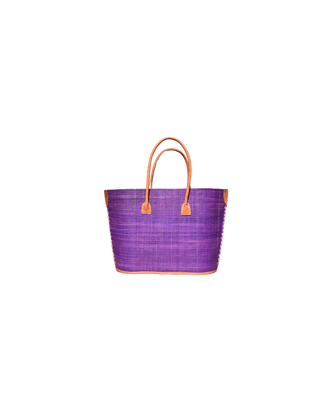 "Medium raffia handbag in solid deep purple with leather handles and reinforced corners – Beach Bliss 121 back view."