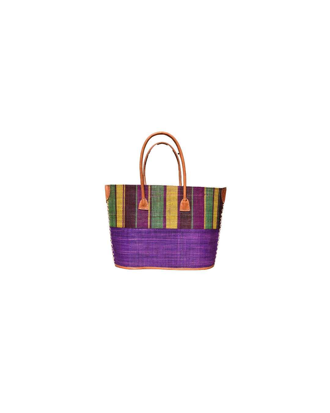 "Medium raffia handbag with yellow, green, and purple vertical stripes on the upper section and solid deep purple base, featuring leather handles and reinforced corners – Beach Bliss 121 front view."