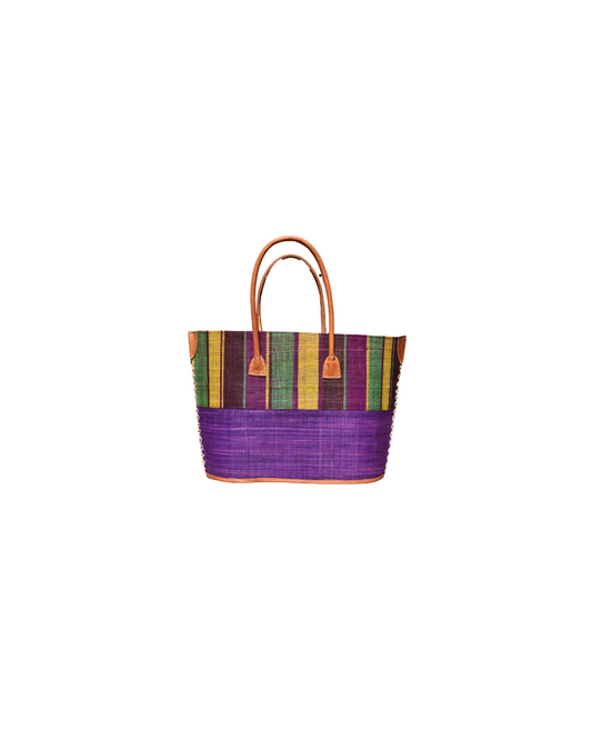 "Medium raffia handbag with yellow, green, and purple vertical stripes on the upper section and solid deep purple base, featuring leather handles and reinforced corners – Beach Bliss 121 front view."