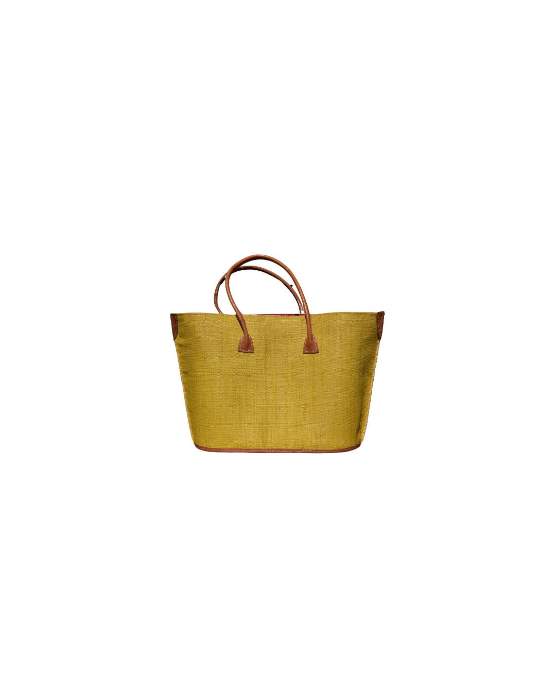 "Medium handmade raffia tote bag with solid golden yellow back and leather handles – Beach Bliss 122 back view."