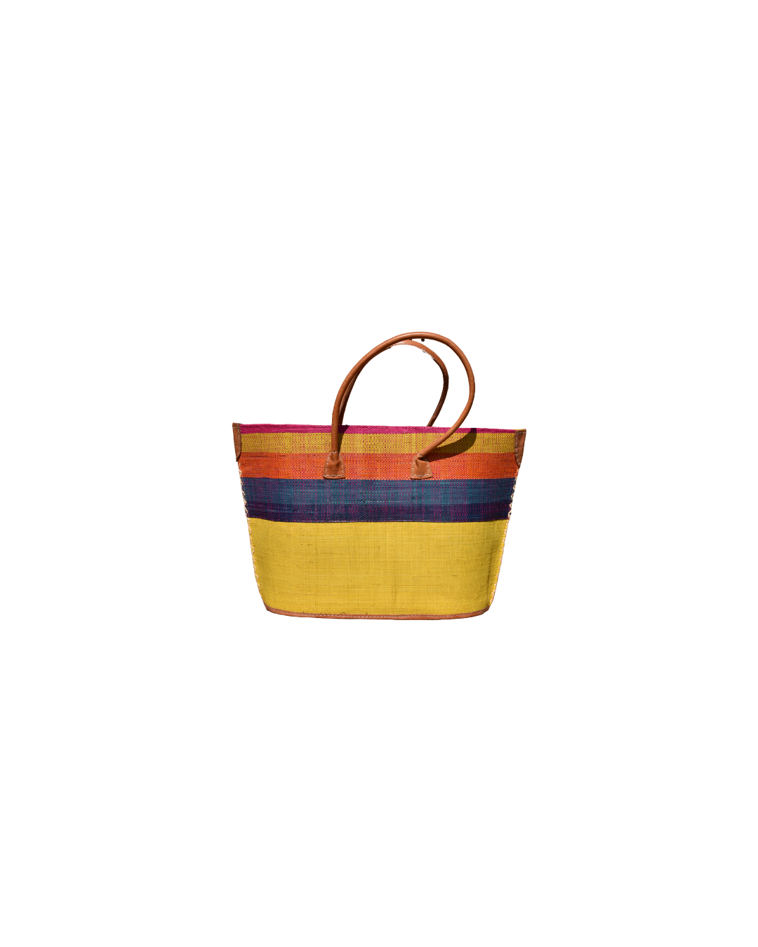 "Medium handmade raffia tote bag with golden yellow base and horizontal red and navy stripes, leather handles – Beach Bliss 122 front view."