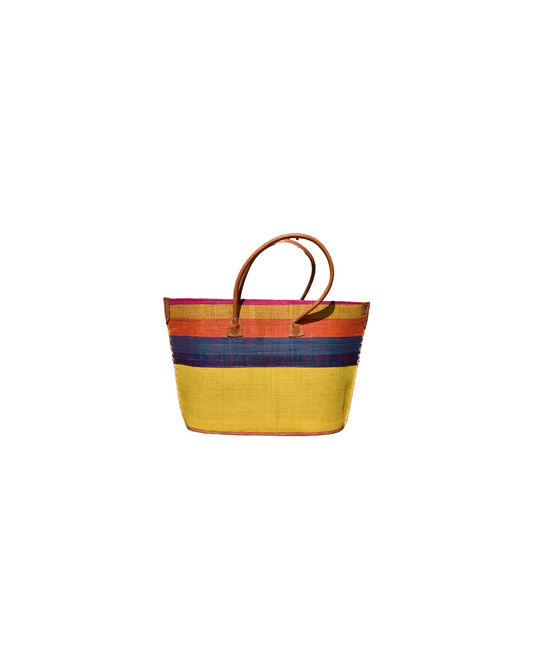 "Medium handmade raffia tote bag with golden yellow base and horizontal red and navy stripes, leather handles – Beach Bliss 122 front view."