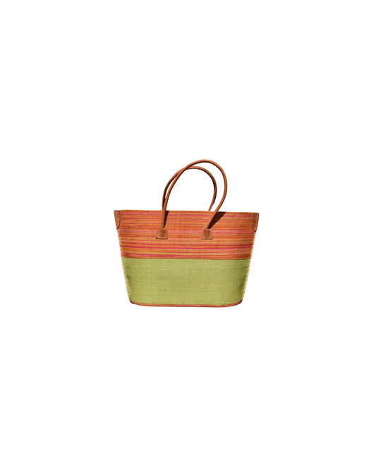 Medium Beach Bliss 123 raffia handbag with orange, pink, and coral striped upper section and solid green base, finished with leather handles and reinforced corners.