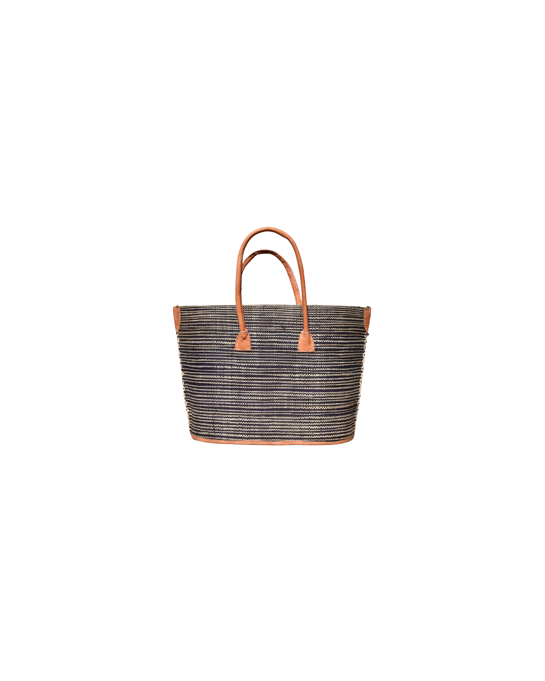 Medium raffia handbag with black and natural horizontal stripes, genuine leather handles, and reinforced corners – Beach Bliss 124 front view.