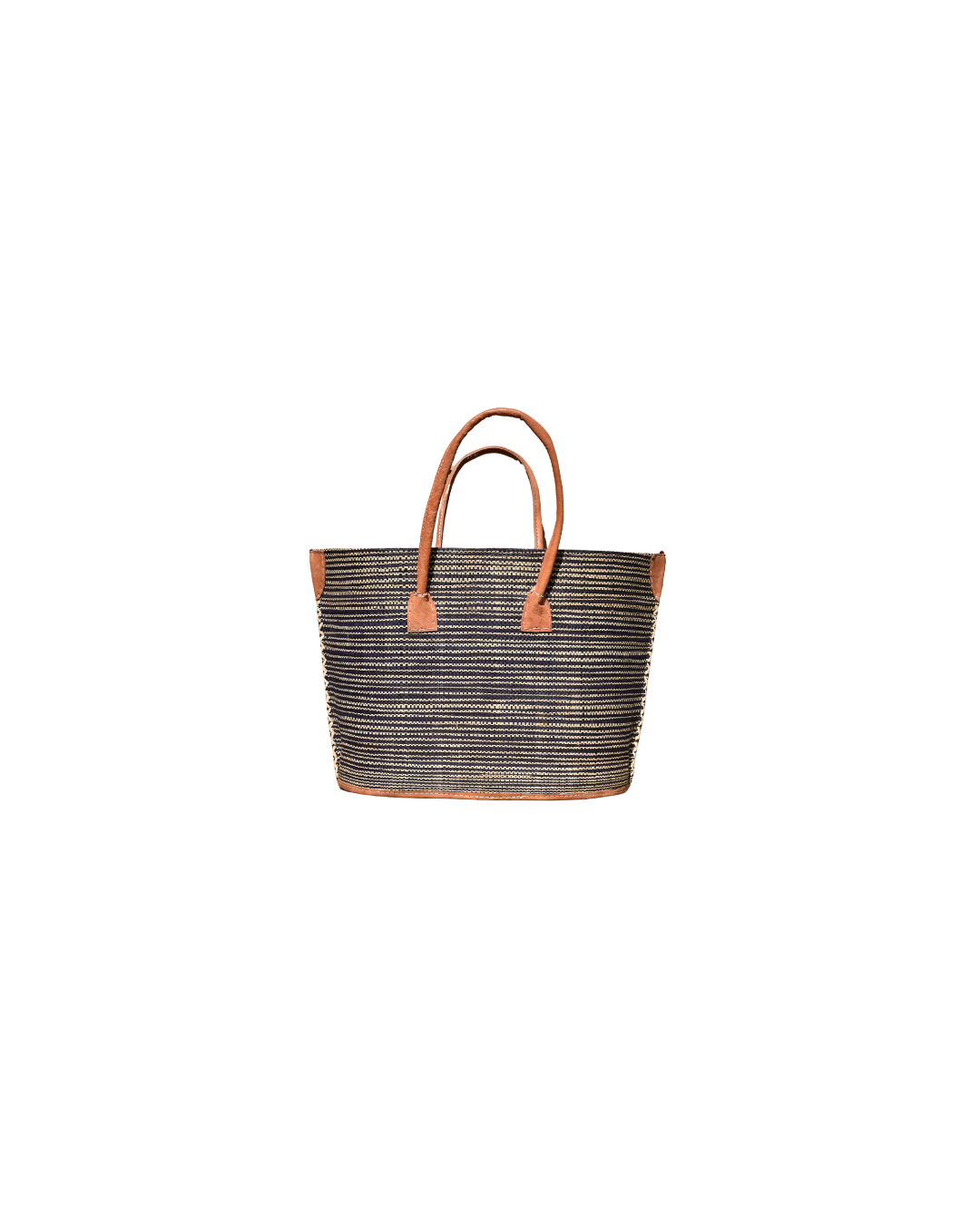 Medium raffia handbag in black and natural stripe design with leather handles and clean woven back – Beach Bliss 124 rear view.